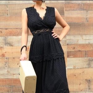 Black Lace Woven Waist Lace Detail Maxi Dress